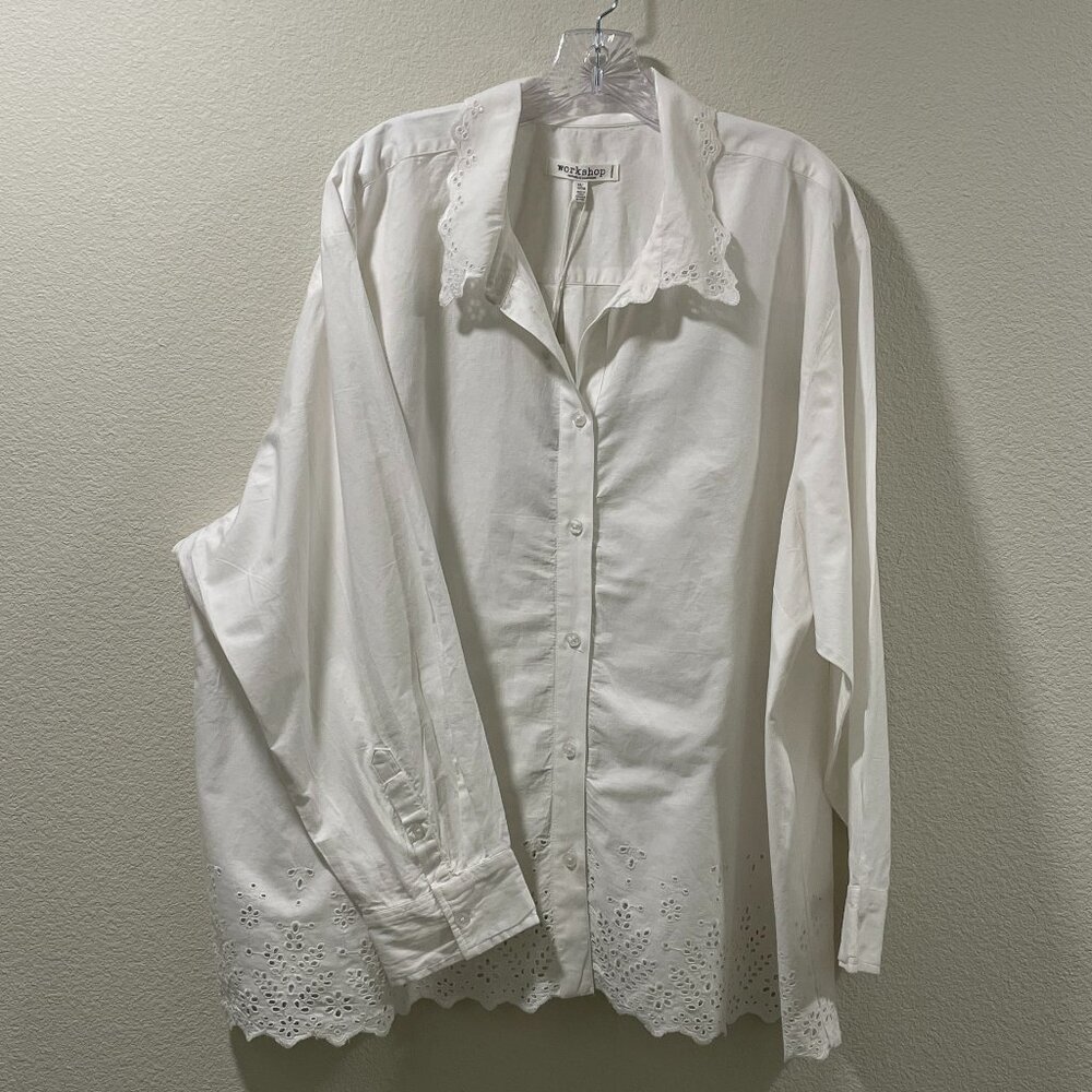 WORKSHOP REPUBLIC White Long Sleeve Eyelet Scallop Hem Button Down Blouse 3X NWT